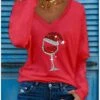 Women's T Shirt Tee Green Black Blue Ugly Christmas Wine Glass Print Long Sleeve Christmas Weekend Christmas V Neck Regular Regular Fit Painting S -Cheap Women Clothing Store qsiaqf1632734507053