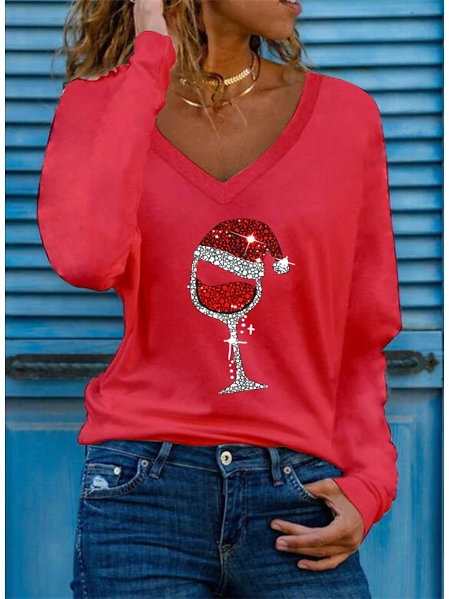 Women's T Shirt Tee Green Black Blue Ugly Christmas Wine Glass Print Long Sleeve Christmas Weekend Christmas V Neck Regular Regular Fit Painting S 3 Women's T Shirt Tee Green Black Blue Ugly Christmas Wine Glass Print Long Sleeve Christmas Weekend Christmas V Neck Regular Regular Fit Painting S