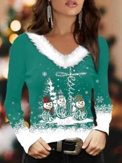 Women's Shirt Blouse Christmas Shirt Black Red Blue Snowman Christmas Tree Snowflake Print Long Sleeve Party Christmas Casual Festival / Holiday Print Fur Collar V Neck Regular Fit Fall & Winter -Cheap Women Clothing Store qtwqcr1695639945073