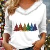 Women's Blouse Christmas Shirt Black White Christmas Tree Print Long Sleeve Party Christmas Casual Festival / Holiday Fur Collar Regular Fit Fall & Winter -Cheap Women Clothing Store qulnql1697455156468