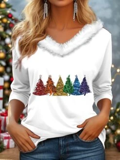 Women's Blouse Christmas Shirt Black White Christmas Tree Print Long Sleeve Party Christmas Casual Festival / Holiday Fur Collar Regular Fit Fall & Winter