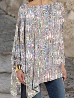 Women's T Shirt Tee Christmas Shirt Silver Sparkly Flowing Tunic Long Sleeve Party Christmas Weekend Fashion Festival / Holiday Off Shoulder Regular Fit Spring &Fall