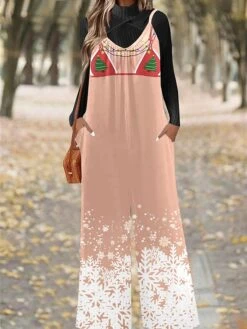 Women's Jumpsuit Pocket Print Santa Claus U Neck Casual Christmas Xmas Daily Straight Regular Fit Spaghetti Strap White Wine Red S M L All Seasons -Cheap Women Clothing Store qwdttc1695866052449