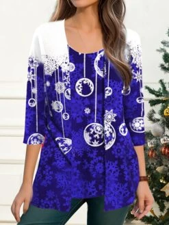 Women's Blouse Christmas Shirt Yellow Red Blue Snowflake Print 3/4 Length Sleeve Party Christmas Casual Festival / Holiday Round Neck Regular Fit Spring &Fall -Cheap Women Clothing Store qwohas1697625166280