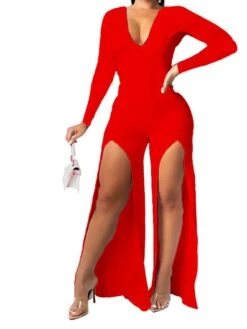 Women's Jumpsuit Split Solid Color V Neck Streetwear Xmas Party Christmas Going Out Regular Fit Long Sleeve Green Red White S M L Winter