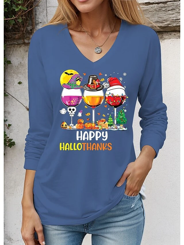 Women's T Shirt Tee Christmas Shirt Black White Red Wine Glass Print Long Sleeve Christmas Weekend Festival / Holiday Christmas V Neck Regular Fit Painting Spring &Fall 7 Women's T Shirt Tee Christmas Shirt Black White Red Wine Glass Print Long Sleeve Christmas Weekend Festival / Holiday Christmas V Neck Regular Fit Painting Spring &Fall - Image 5