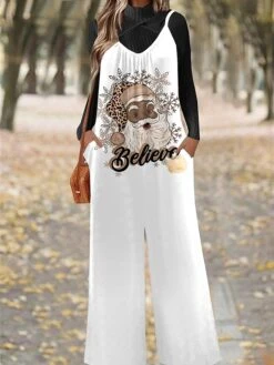 Women's Jumpsuit Pocket Print Snowflake U Neck Casual Christmas Daily Xmas Straight Regular Fit Spaghetti Strap Black White Pink S M L All Seasons -Cheap Women Clothing Store qxwhls1695281561970