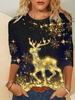 Women's T Shirt Tee Christmas Shirt Black Light Green Royal Blue Snowman Reindeer Print Long Sleeve Party Christmas Casual Vintage Print Christmas Round Neck Fall & Winter