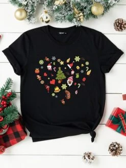 Women's T Shirt Tee Christmas Shirt Black Graphic Heart Print Short Sleeve Christmas Weekend Festival / Holiday Christmas Round Neck Regular Fit Painting Spring &Fall