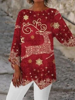 Women's Shirt Christmas Shirt Black White Yellow Christmas Tree Deer Asymmetric Print Long Sleeve Christmas Weekend Streetwear Christmas Round Neck Regular Fit -Cheap Women Clothing Store qzqutk1666257050255