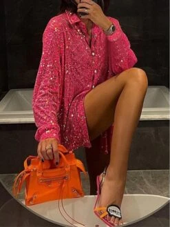 Women's Shirt Bra Pants Sets Black Red Green Sparkly Sequins Long Sleeve Party Christmas Metallic Shirt Collar Regular Fit Spring &Fall -Cheap Women Clothing Store raajyf1696741529237