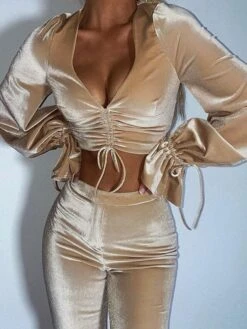 Women's Crop Top Pants Sets Christmas Shirt Velvet Black Pink Khaki Solid Color Ruched Drawstring Long Sleeve Party Casual Streetwear Christmas V Neck Regular Fit Spring &Fall 18 Women's Crop Top Pants Sets Christmas Shirt Velvet Black Pink Khaki Solid Color Ruched Drawstring Long Sleeve Party Casual Streetwear Christmas V Neck Regular Fit Spring &Fall -Cheap Women Clothing Store rafxbx1693825476565