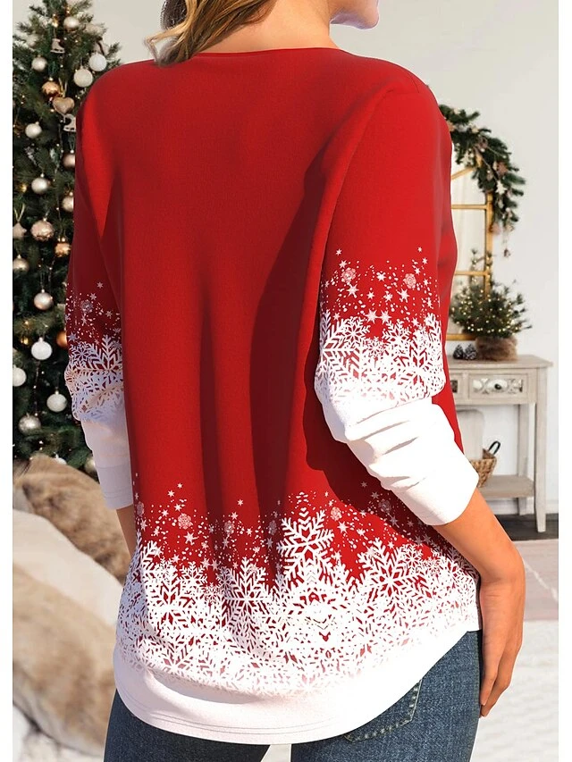 Women's T Shirt Tee Christmas Shirt Red Christmas Tree Snowflake Print Long Sleeve Party Christmas Weekend Festival / Holiday V Neck Regular Fit Painting Spring &Fall 4 Women's T Shirt Tee Christmas Shirt Red Christmas Tree Snowflake Print Long Sleeve Party Christmas Weekend Festival / Holiday V Neck Regular Fit Painting Spring &Fall - Image 2