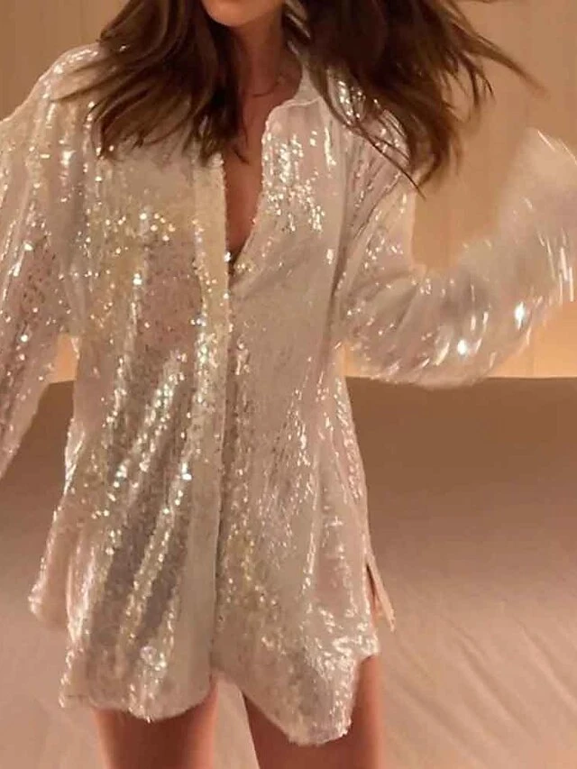 Women's Shirt Blouse Silver Blue Green Sparkly Sequins Long Sleeve Party Christmas Fashion Shirt Collar Regular Fit Spring &Fall 3 Women's Shirt Blouse Silver Blue Green Sparkly Sequins Long Sleeve Party Christmas Fashion Shirt Collar Regular Fit Spring &Fall