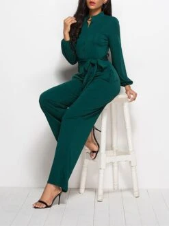 Women's Jumpsuit Lace Up Pocket Solid Color Stand Collar Streetwear Xmas Street Christmas Daily Regular Fit Long Sleeve Black Wine Red S M L Fall -Cheap Women Clothing Store rbivnl1692616048785