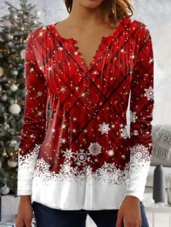 Women's Shirt Blouse Christmas Shirt Red Blue Fuchsia Plaid Snowflake Button Print 3/4 Length Sleeve Christmas Weekend Streetwear Casual Round Neck Regular Fit