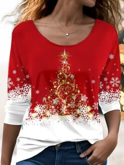 Women's T Shirt Tee Christmas Shirt Red Blue Purple Christmas Tree Snowflake Print Long Sleeve Party Christmas Weekend Festival / Holiday Print Christmas Round Neck Regular Fit Painting Spring &Fall