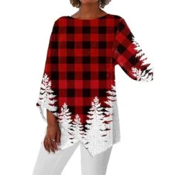 Women's Shirt Christmas Shirt Light Blue T11 Dark Red T10 Dark Blue T12 Plaid Snowflake Deer Print Long Sleeve Party Christmas Casual Round Neck Regular Fit -Cheap Women Clothing Store rchrwv1664673693775