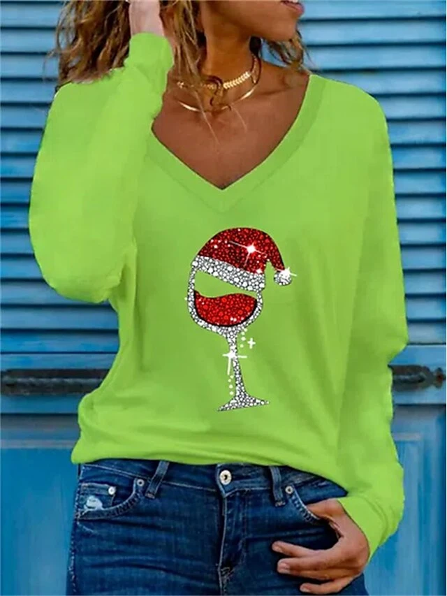 Women's T Shirt Tee Christmas Shirt White Green Wine Glass Rhinestone Print Long Sleeve Party Christmas Weekend Festival / Holiday Christmas V Neck Regular Fit Painting Spring &Fall 4 Women's T Shirt Tee Christmas Shirt White Green Wine Glass Rhinestone Print Long Sleeve Party Christmas Weekend Festival / Holiday Christmas V Neck Regular Fit Painting Spring &Fall - Image 2
