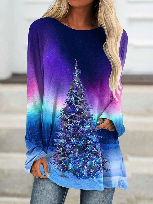 Women's T Shirt Tee Burgundy Tee Christmas Shirt Black Wine Red Christmas Tree Print Long Sleeve Christmas Weekend Basic Print Christmas Round Neck Regular Fit Painting Fall & Winter 7 Women's T Shirt Tee Burgundy Tee Christmas Shirt Black Wine Red Christmas Tree Print Long Sleeve Christmas Weekend Basic Print Christmas Round Neck Regular Fit Painting Fall & Winter - Image 5