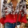 Women's Shirt Blouse Christmas Shirt Pink Red Blue Snowflake Button Print Long Sleeve Christmas Casual Festival / Holiday Standing Collar Regular Fit Spring &Fall -Cheap Women Clothing Store rgdrmt1695639982040
