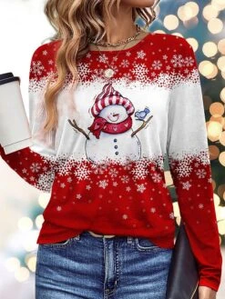 Women's T Shirt Tee Christmas Shirt Red Blue Purple Snowman Snowflake Print Long Sleeve Party Christmas Weekend Festival / Holiday Round Neck Regular Fit Painting Spring &Fall