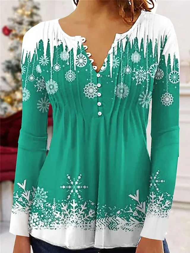 Women's Shirt Blouse Christmas Shirt Red Blue Green Snowflake Button Print 3/4 Length Sleeve Christmas Casual Festival / Holiday Round Neck Regular Fit Spring &Fall 7 Women's Shirt Blouse Christmas Shirt Red Blue Green Snowflake Button Print 3/4 Length Sleeve Christmas Casual Festival / Holiday Round Neck Regular Fit Spring &Fall - Image 5