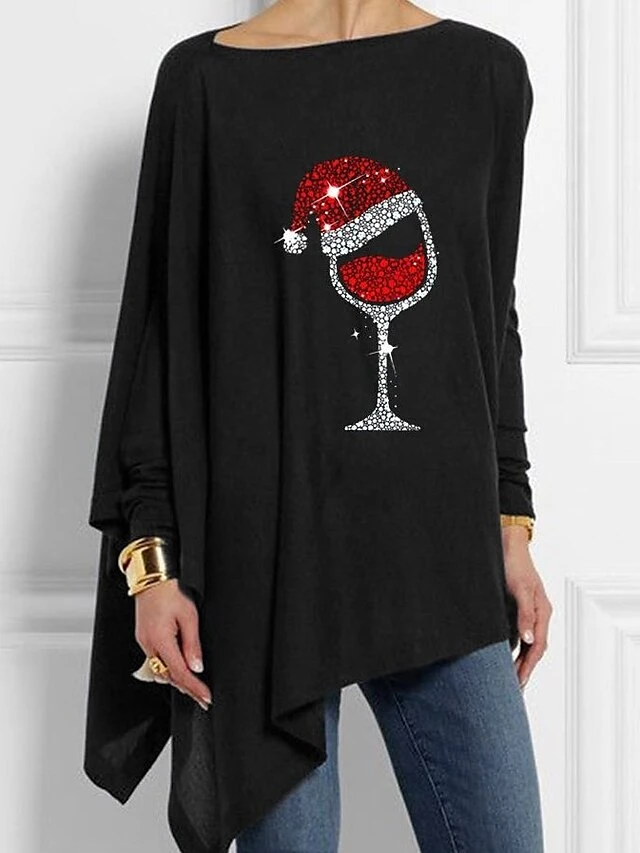 Women's T Shirt Tee Christmas Shirt Black Plain Patchwork Long Sleeve Christmas Daily Christmas Off Shoulder Loose Fit Cold Shoulder Fall & Winter 4 Women's T Shirt Tee Christmas Shirt Black Plain Patchwork Long Sleeve Christmas Daily Christmas Off Shoulder Loose Fit Cold Shoulder Fall & Winter - Image 2