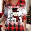 Women's T Shirt Tee Christmas Shirt Yellow Pink Red Plaid Snowman Print Long Sleeve Christmas Weekend Festival / Holiday Print Christmas V Neck Regular Fit Painting Spring &Fall