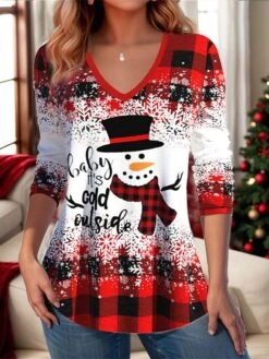 Women's T Shirt Tee Christmas Shirt Yellow Pink Red Plaid Snowman Print Long Sleeve Christmas Weekend Festival / Holiday Print Christmas V Neck Regular Fit Painting Spring &Fall