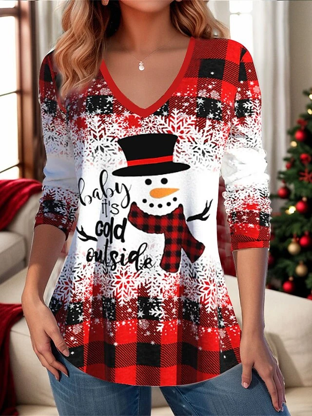 Women's T Shirt Tee Christmas Shirt Yellow Pink Red Plaid Snowman Print Long Sleeve Christmas Weekend Festival / Holiday Print Christmas V Neck Regular Fit Painting Spring &Fall 3 Women's T Shirt Tee Christmas Shirt Yellow Pink Red Plaid Snowman Print Long Sleeve Christmas Weekend Festival / Holiday Print Christmas V Neck Regular Fit Painting Spring &Fall