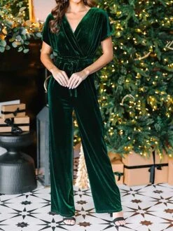 Women's Jumpsuit Lace Up High Waist Solid Color Round Neck Active Christmas Daily Regular Fit Short Sleeve Black Wine Green S M L Fall -Cheap Women Clothing Store rlfqea1697679526419