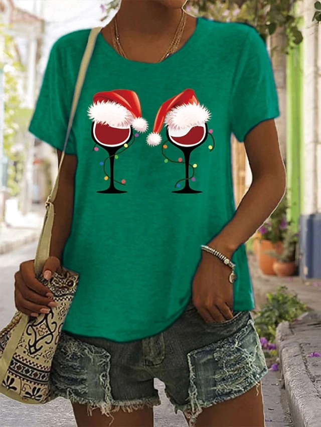 Women's T Shirt Tee Christmas Shirt 100% Cotton White Light Green Army Green Graphic Print Short Sleeve Christmas Daily Holiday Basic Christmas Round Neck Regular Fit Painting 3 Women's T Shirt Tee Christmas Shirt 100% Cotton White Light Green Army Green Graphic Print Short Sleeve Christmas Daily Holiday Basic Christmas Round Neck Regular Fit Painting