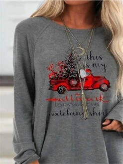 Women's T Shirt Tee Christmas Shirt White Gray Letter Christmas Tree Long Sleeve Christmas Gift Basic Christmas Round Neck Regular Fit -Cheap Women Clothing Store rmefag1629887588026