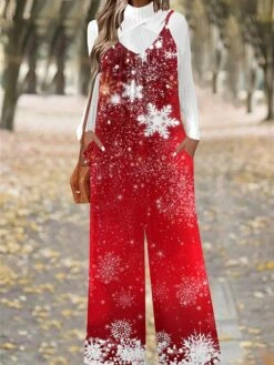 Women's Jumpsuit Pocket Print Santa Claus U Neck Casual Christmas Daily Xmas Straight Regular Fit Spaghetti Strap White Wine Red S M L All Seasons -Cheap Women Clothing Store rmulgd1695281560662