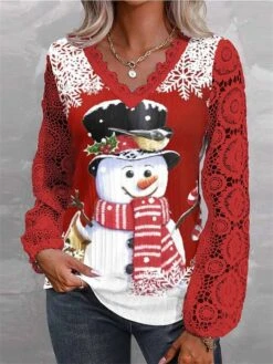 Women's Shirt Blouse Christmas Shirt White Wine Red Snowman Snowflake Deer Lace Print Long Sleeve Christmas Casual Festival / Holiday V Neck Regular Fit Spring &Fall