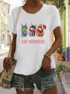 Women's T Shirt Tee Christmas Shirt 100% Cotton Black White Wine Graphic Cat Letter Print Short Sleeve Christmas Daily Holiday Basic Christmas Round Neck Regular Fit Cat -Cheap Women Clothing Store rmyeqy1666754592945