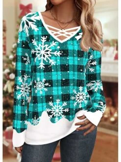 Women's T Shirt Tee Christmas Shirt Pink Red Blue Plaid Snowflake Print Long Sleeve Christmas Weekend Festival / Holiday V Neck Regular Fit Painting Spring &Fall -Cheap Women Clothing Store rnnuau1697527772270