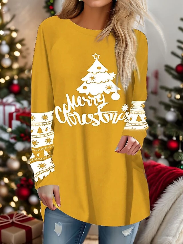 Women's T Shirt Tee Christmas Shirt Black Yellow Red Letter Christmas Tree Print Long Sleeve Party Christmas Weekend Festival / Holiday Christmas Round Neck Regular Fit Painting Spring &Fall 4 Women's T Shirt Tee Christmas Shirt Black Yellow Red Letter Christmas Tree Print Long Sleeve Party Christmas Weekend Festival / Holiday Christmas Round Neck Regular Fit Painting Spring &Fall - Image 2