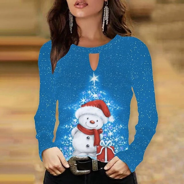 Women's Shirt Blouse Christmas Shirt Yellow Blue Purple Snowman Christmas Tree Print Long Sleeve Christmas Streetwear Casual Print Round Neck Regular Fit 7 Women's Shirt Blouse Christmas Shirt Yellow Blue Purple Snowman Christmas Tree Print Long Sleeve Christmas Streetwear Casual Print Round Neck Regular Fit - Image 5