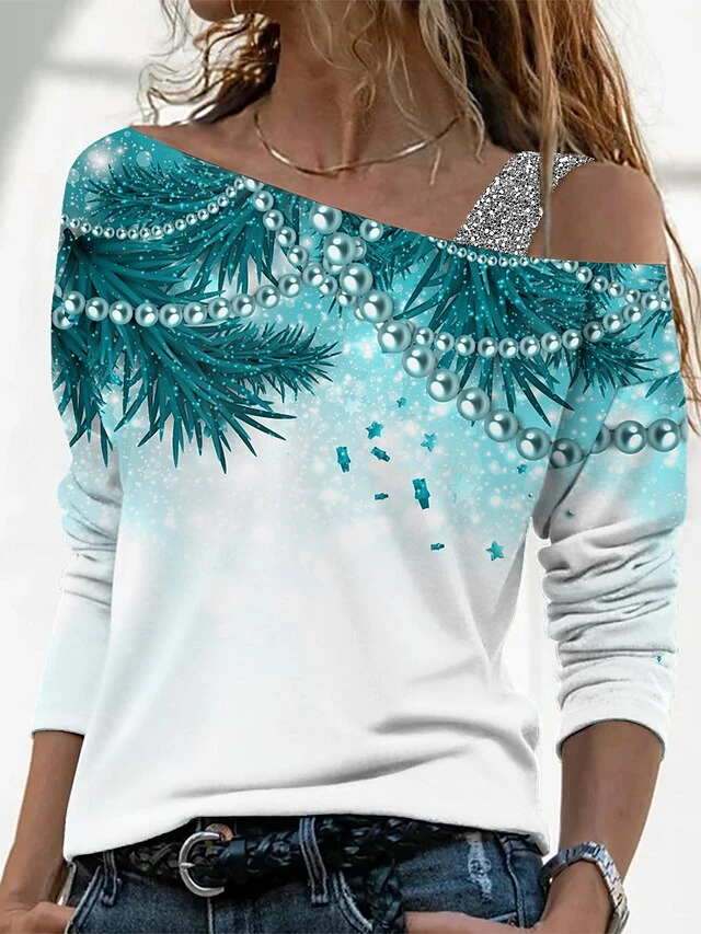 Women's T Shirt Tee Christmas Shirt Blue Purple Green Graphic Print Long Sleeve Christmas Weekend Basic Print Christmas Off Shoulder Regular Fit Painting 4 Women's T Shirt Tee Christmas Shirt Blue Purple Green Graphic Print Long Sleeve Christmas Weekend Basic Print Christmas Off Shoulder Regular Fit Painting - Image 2