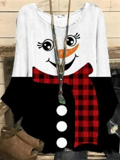 Women‘s Plus Size Christmas Tops Blouse Shirt Snowman Print Long Sleeve Crewneck Casual Daily Polyester Winter Fall White