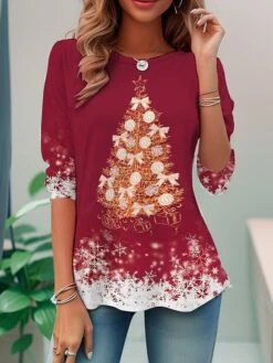 Women's T Shirt Tee Christmas Shirt Red Blue Green Christmas Tree Snowflake Print Long Sleeve Party Christmas Weekend Festival / Holiday Print Christmas Round Neck Regular Fit Painting Spring &Fall
