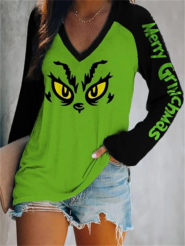 Women's T Shirt Tee Christmas Shirt White Green Graphic Ugly Christmas Monster Print Long Sleeve Daily Weekend Fashion Christmas V Neck Regular Fit Painting Spring &Fall 4 Women's T Shirt Tee Christmas Shirt White Green Graphic Ugly Christmas Monster Print Long Sleeve Daily Weekend Fashion Christmas V Neck Regular Fit Painting Spring &Fall - Image 2