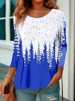 Women's T Shirt Tee Christmas Shirt Red Blue Purple Plants Print Long Sleeve Party Christmas Weekend Festival / Holiday Christmas Round Neck Regular Fit Floral Painting Spring &Fall -Cheap Women Clothing Store rtthnn1694746699765