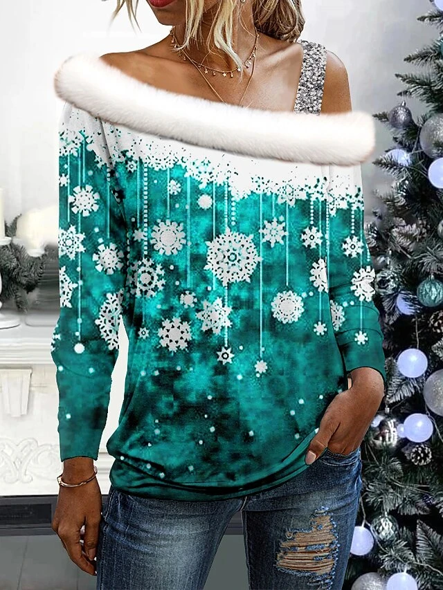 Women's Blouse Christmas Shirt Pink Red Blue Snowflake Print Long Sleeve Christmas Casual Festival / Holiday Fur Collar Regular Fit Spring &Fall 3 Women's Blouse Christmas Shirt Pink Red Blue Snowflake Print Long Sleeve Christmas Casual Festival / Holiday Fur Collar Regular Fit Spring &Fall