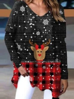 Women's T Shirt Tee Christmas Shirt Black Blue Christmas Tree Snowflake Reindeer Print Long Sleeve Christmas Weekend Basic Christmas Round Neck V Neck Regular Fit Painting