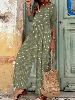 Women's Jumpsuit Print Striped Round Neck Boho Xmas Vacation Christmas Wide Leg Regular Fit Long Sleeve Green S M L All Seasons