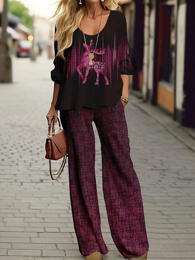 Women's Pants Sets Christmas Shirt Blue Purple Brown Reindeer Print Long Sleeve Party Christmas Festival Christmas Round Neck Regular Fit Spring &Fall 5 Women's Pants Sets Christmas Shirt Blue Purple Brown Reindeer Print Long Sleeve Party Christmas Festival Christmas Round Neck Regular Fit Spring &Fall - Image 3