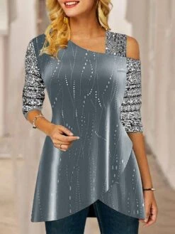 Women's Shirt Blouse Yellow Royal Blue Purple Graphic Sparkly Asymmetric Print Long Sleeve Party Christmas New Year Metallic Basic One Shoulder Regular Fit Spring Fall -Cheap Women Clothing Store rvyzqo1680574414202